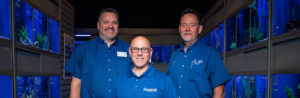 A photograph of Kevin Hodes standing with two clients from Dallas North Aquarium all in blue shirts with fish tanks behind them.