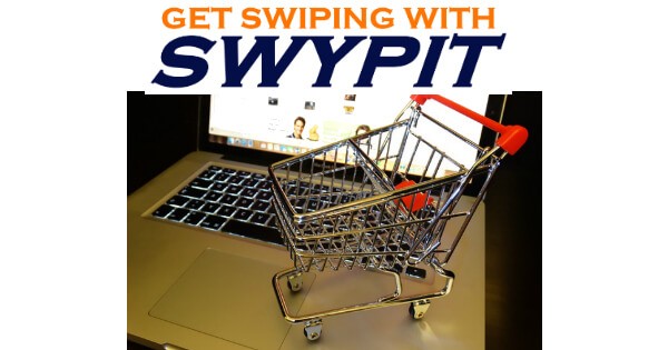 An image of a small shopping cart on top of a laptop with the words "get swiping with swypit" across the top.
