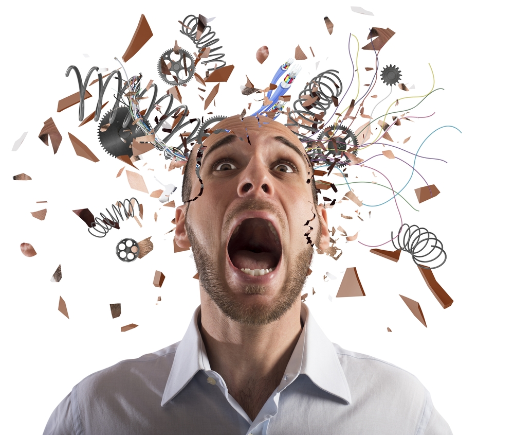 An altered photograph of a man screaming while springs and metallic debris flies out of his head.