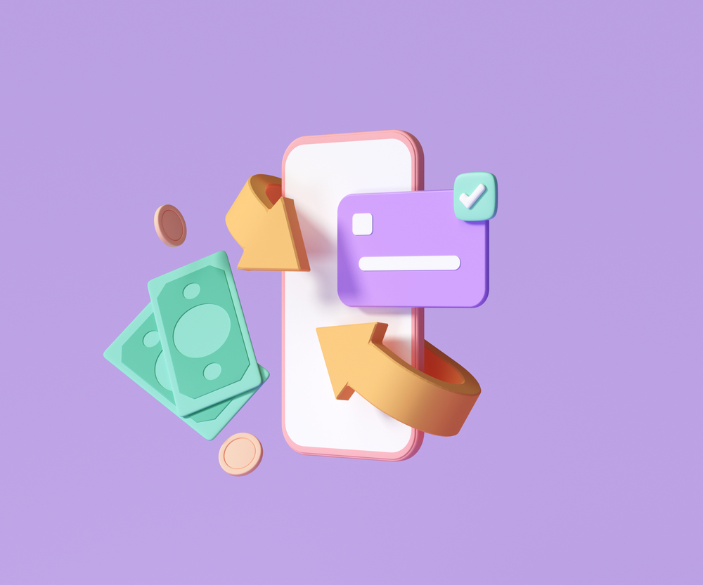 An illustration of a smart phone flanked by a credit card and cash with arrows revolving around it on a light purple background.