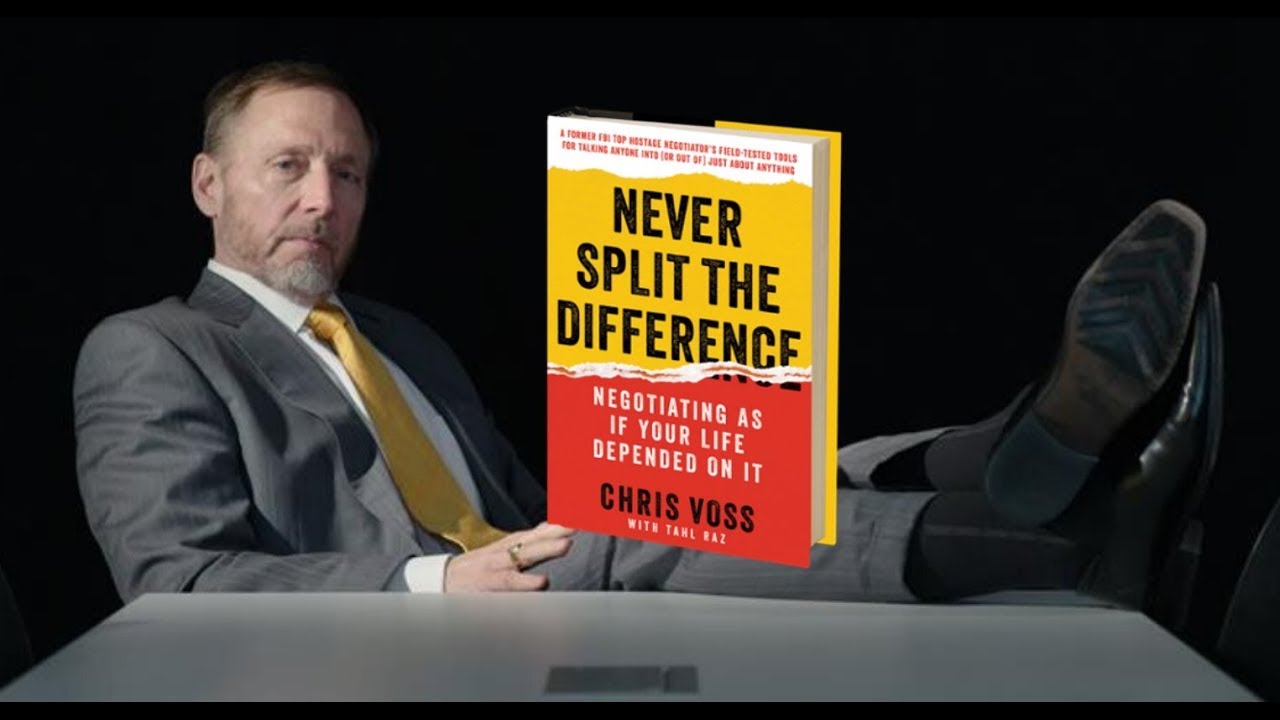 A photo of Chris Voss with the cover of his book "Never Split the Difference" superimposed.